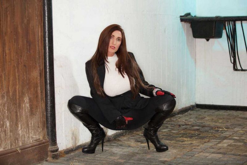 Miss Hybrid easy access jodhpurs and leather thigh boots.